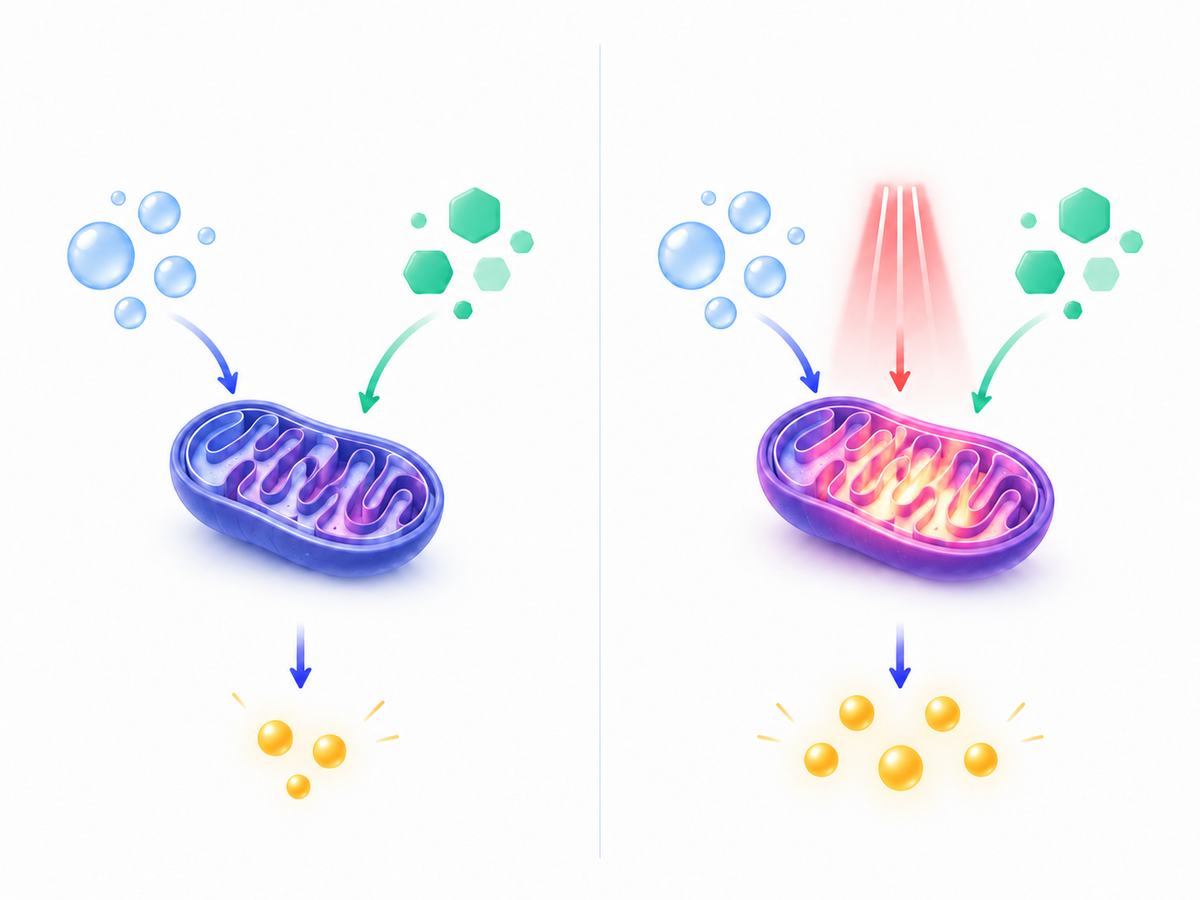 Fonctionnement d’une mitochondrie sans et avec photobiomodulation.